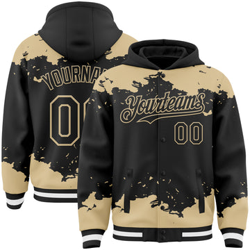 Custom Black Vegas Gold-White Splash Art 3D Pattern Design Bomber Full-Snap Varsity Letterman Hoodie Jacket