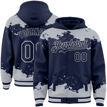 Custom Navy Gray-White Splash Art 3D Pattern Design Bomber Full-Snap Varsity Letterman Hoodie Jacket