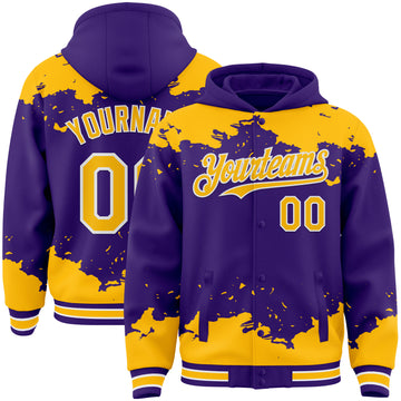 Custom Purple Gold-White Splash Art 3D Pattern Design Bomber Full-Snap Varsity Letterman Hoodie Jacket