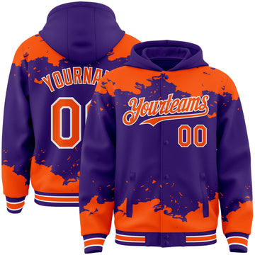 Custom Purple Orange-White Splash Art 3D Pattern Design Bomber Full-Snap Varsity Letterman Hoodie Jacket