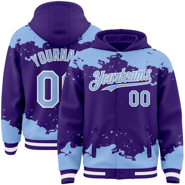 Custom Purple Light Blue-White Splash Art 3D Pattern Design Bomber Full-Snap Varsity Letterman Hoodie Jacket