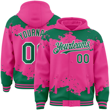 Custom Pink Kelly Green-White Splash Art 3D Pattern Design Bomber Full-Snap Varsity Letterman Hoodie Jacket
