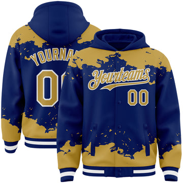 Custom Royal Old Gold-White Splash Art 3D Pattern Design Bomber Full-Snap Varsity Letterman Hoodie Jacket