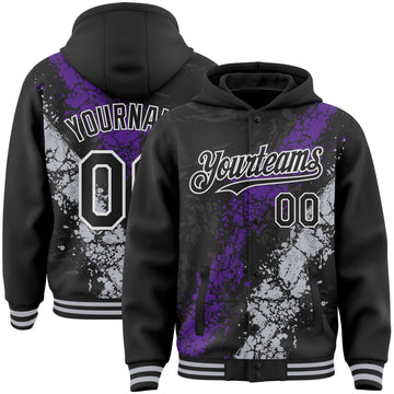 Custom Black Purple Gray-White Splash Art 3D Pattern Design Bomber Full-Snap Varsity Letterman Hoodie Jacket