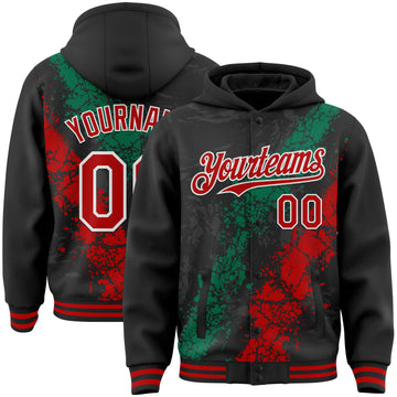 Custom Black Red Kelly Green-White Splash Art 3D Pattern Design Bomber Full-Snap Varsity Letterman Hoodie Jacket