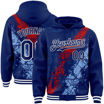 Custom Royal Red Light Blue-White Splash Art 3D Pattern Design Bomber Full-Snap Varsity Letterman Hoodie Jacket