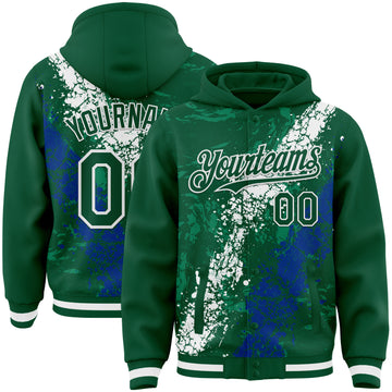 Custom Kelly Green White-Royal Splash Art 3D Pattern Design Bomber Full-Snap Varsity Letterman Hoodie Jacket