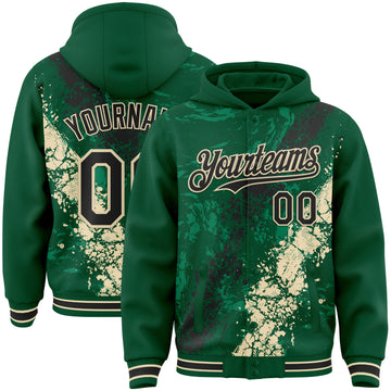 Custom Kelly Green Black-Cream Splash Art 3D Pattern Design Bomber Full-Snap Varsity Letterman Hoodie Jacket