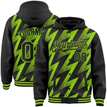 Custom Black Neon Green Zigzag Shape 3D Pattern Design Bomber Full-Snap Varsity Letterman Hoodie Jacket