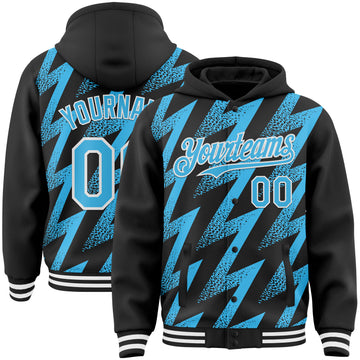 Custom Black Sky Blue-White Zigzag Shape 3D Pattern Design Bomber Full-Snap Varsity Letterman Hoodie Jacket