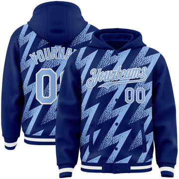 Custom Royal Light Blue-White Zigzag Shape 3D Pattern Design Bomber Full-Snap Varsity Letterman Hoodie Jacket