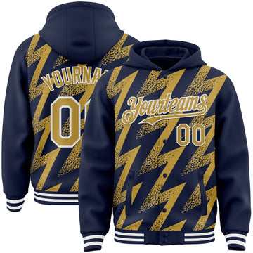 Custom Navy Old Gold-White Zigzag Shape 3D Pattern Design Bomber Full-Snap Varsity Letterman Hoodie Jacket