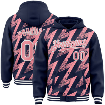 Custom Navy Medium Pink-White Zigzag Shape 3D Pattern Design Bomber Full-Snap Varsity Letterman Hoodie Jacket