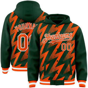 Custom Green Orange-White Zigzag Shape 3D Pattern Design Bomber Full-Snap Varsity Letterman Hoodie Jacket