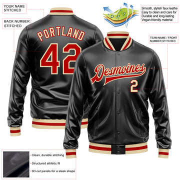 Custom Black Red-Cream Bomber Full-Snap Varsity Faux Leather Letterman Jacket