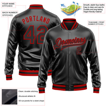Custom Black Black-Red Bomber Full-Snap Varsity Faux Leather Letterman Jacket