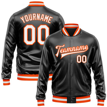 Custom Black White-Orange Bomber Full-Snap Varsity Faux Leather Letterman Jacket