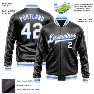 Custom Black White-Light Blue Bomber Full-Snap Varsity Faux Leather Letterman Jacket