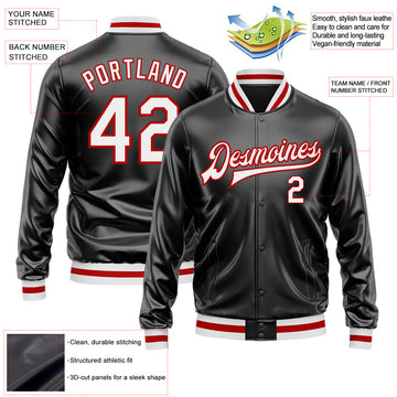 Custom Black White-Red Bomber Full-Snap Varsity Faux Leather Letterman Jacket