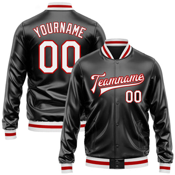 Custom Black White-Red Bomber Full-Snap Varsity Faux Leather Letterman Jacket
