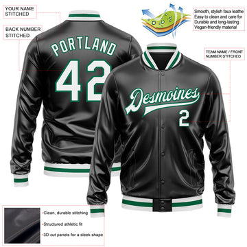 Custom Black White-Kelly Green Bomber Full-Snap Varsity Faux Leather Letterman Jacket