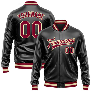 Custom Black Maroon-Cream Bomber Full-Snap Varsity Faux Leather Letterman Jacket
