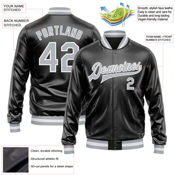 Custom Black Gray-White Bomber Full-Snap Varsity Faux Leather Letterman Jacket