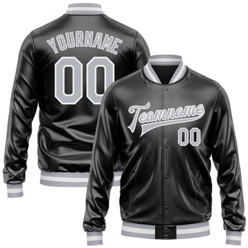 Custom Black Gray-White Bomber Full-Snap Varsity Faux Leather Letterman Jacket