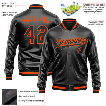 Custom Black Black-Orange Bomber Full-Snap Varsity Faux Leather Letterman Jacket