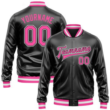 Custom Black Pink-White Bomber Full-Snap Varsity Faux Leather Letterman Jacket