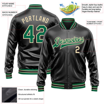 Custom Black Kelly Green-Cream Bomber Full-Snap Varsity Faux Leather Letterman Jacket