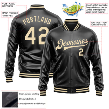 Custom Black Cream Bomber Full-Snap Varsity Faux Leather Letterman Jacket