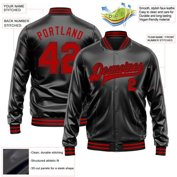 Custom Black Red-Black Bomber Full-Snap Varsity Faux Leather Letterman Jacket