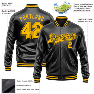 Custom Black Gold-Black Bomber Full-Snap Varsity Faux Leather Letterman Jacket