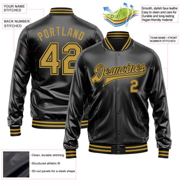 Custom Black Old Gold-Black Bomber Full-Snap Varsity Faux Leather Letterman Jacket