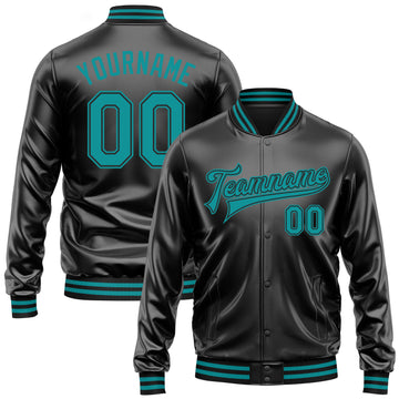 Custom Black Teal-Black Bomber Full-Snap Varsity Faux Leather Letterman Jacket