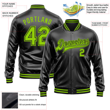 Custom Black Neon Green-Black Bomber Full-Snap Varsity Faux Leather Letterman Jacket