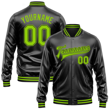 Custom Black Neon Green-Black Bomber Full-Snap Varsity Faux Leather Letterman Jacket