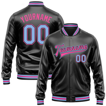 Custom Black Light Blue-Pink Bomber Full-Snap Varsity Faux Leather Letterman Jacket