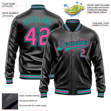 Custom Black Pink-Aqua Bomber Full-Snap Varsity Faux Leather Letterman Jacket