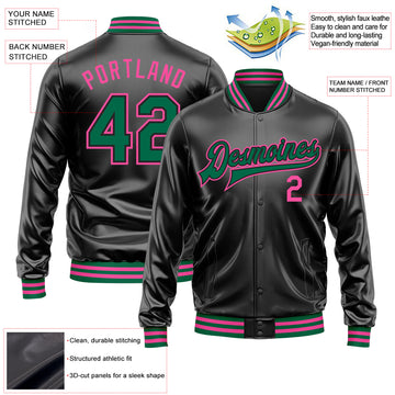 Custom Black Kelly Green-Pink Bomber Full-Snap Varsity Faux Leather Letterman Jacket