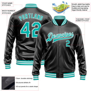 Custom Black Aqua-White Bomber Full-Snap Varsity Faux Leather Letterman Jacket