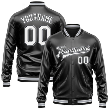 Custom Black White-Gray Bomber Full-Snap Varsity Faux Leather Letterman Jacket