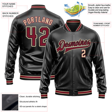 Custom Black Crimson-City Cream Bomber Full-Snap Varsity Faux Leather Letterman Jacket