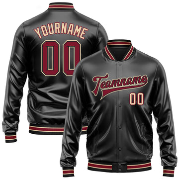 Custom Black Crimson-City Cream Bomber Full-Snap Varsity Faux Leather Letterman Jacket