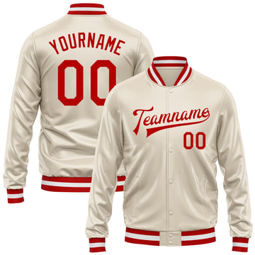 Custom Cream Red Bomber Full-Snap Varsity Faux Leather Letterman Jacket
