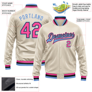 Custom Cream Pink Light Blue-Black Bomber Full-Snap Varsity Faux Leather Letterman Jacket