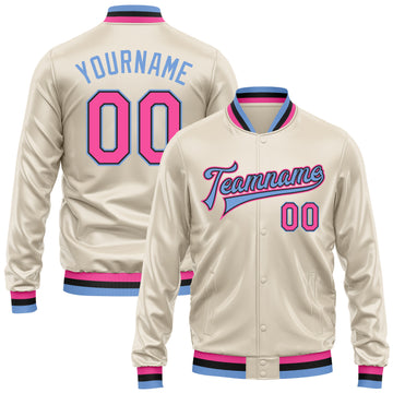 Custom Cream Pink Light Blue-Black Bomber Full-Snap Varsity Faux Leather Letterman Jacket