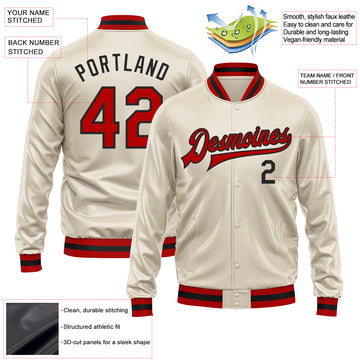 Custom Cream Red-Black Bomber Full-Snap Varsity Faux Leather Letterman Jacket