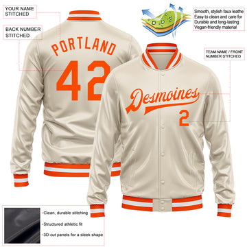 Custom Cream Orange Bomber Full-Snap Varsity Faux Leather Letterman Jacket